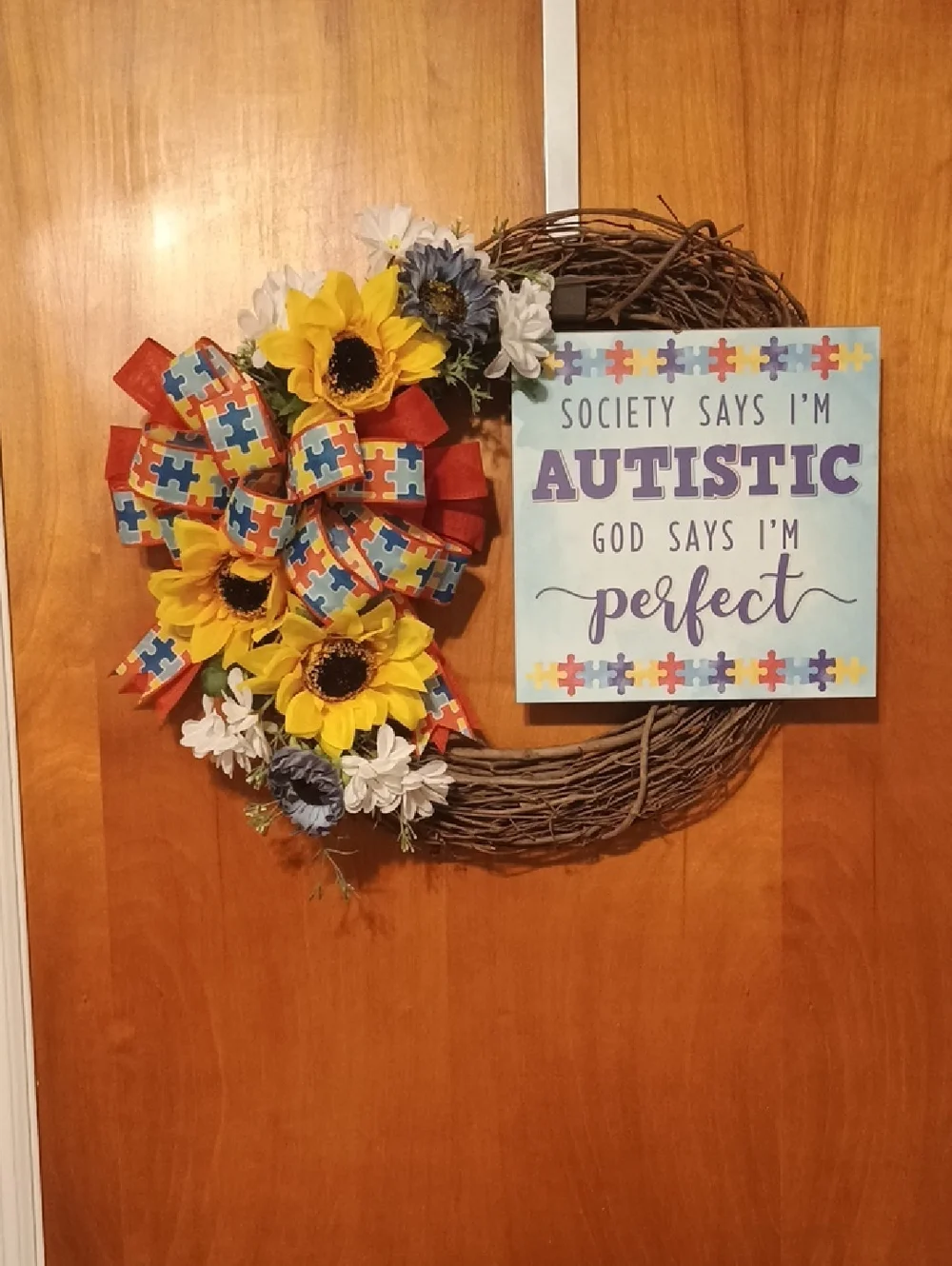 Autism Awareness Grapevine Wreath with Sunflowers and Puzzle Ribbon